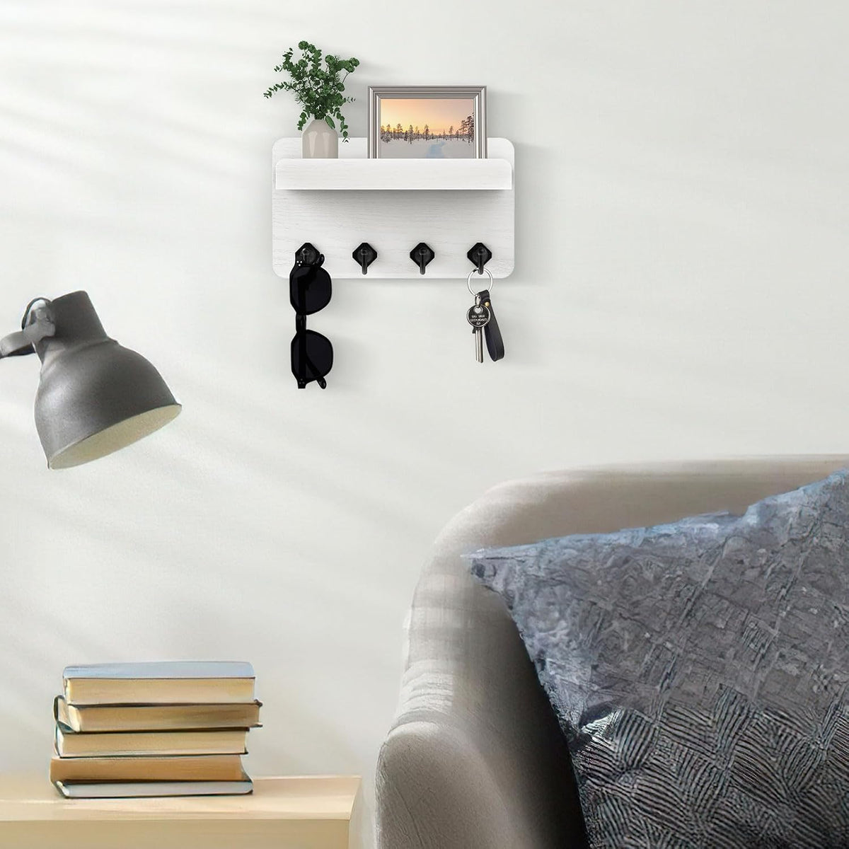 White Key Shelf with Black Hooks - view 2